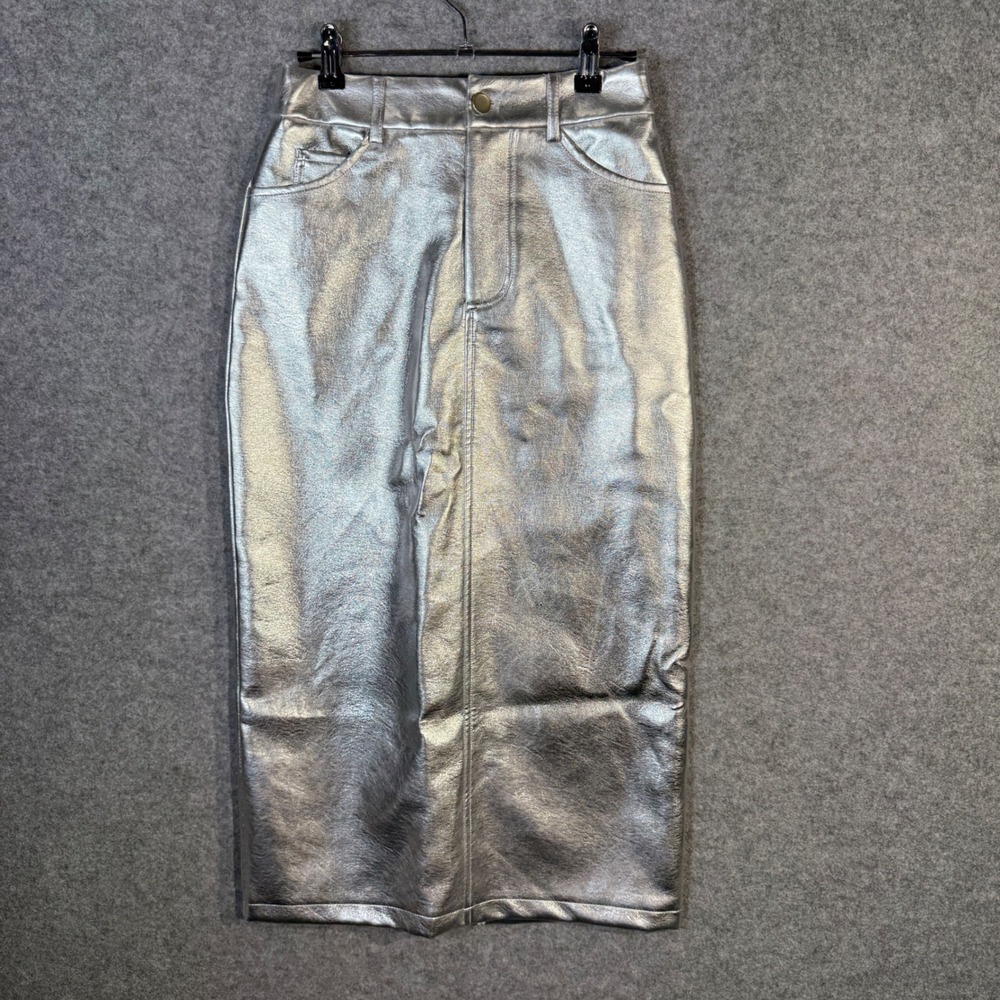 7 For All Mankind Metallic Silver‎ Faux Leather Midi Skirt XS NEW with tags
